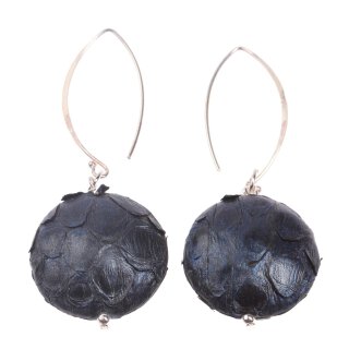 Earrings made of Python Leather Ufo Flat Round 25mm,Metallic Blue,925 Sterling Silver