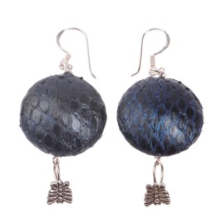 Earrings made of Python Leather Ufo Flat Round 25mm,Metallic Blue,925 Sterling Silver