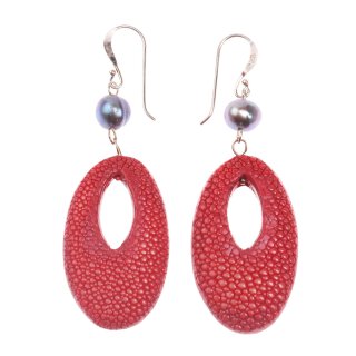 Earrings made of Stingray Leather Calar Drops 40mm,Strawberry Polished,Pearl Beads,925 Sterling Silver