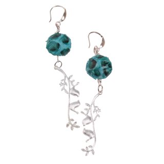 Earrings made of Python Leather 17mm,Blue Turquoise Shiny,925 Sterling Silver