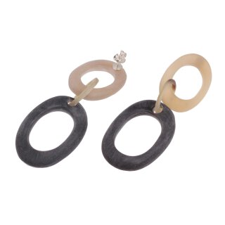 Earrings made of White Horn and Black matted oval ring with Ear studs silver 30-40mm