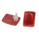 Red Coral Cabochon Cut Square 18mm with Ear Studs Silver