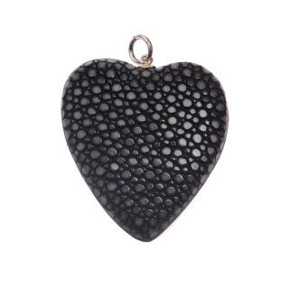 Rochenleder Anhänger Black Polished / 925 Sterling Silber / Heart 40mm