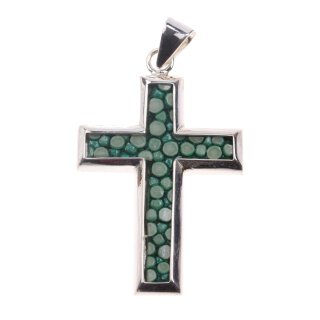Kreuz Anhänger aus poliertem Rochenleder / Perlrochen grün /  925 Sterling Silber / Cross 30x20mm