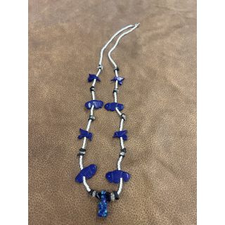 Zuni Fetish Necklace long Dark Blue Birds with Inlay Pendant