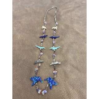 Zuni Fetish Necklace long Multicolor Birds with Blue Wolf Pendants