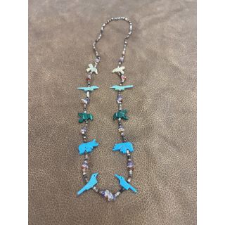 Zuni Fetish Necklace long Turquoise Birds with Purple Accents