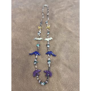 Zuni Fetisch Halskette lang Bunte Voegel Blau-Lila-Mix