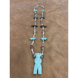 Zuni Fetish Necklace long Multicolor with Large Turquoise Bear