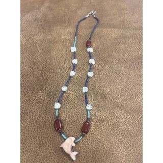Zuni Fetish Necklace short Blue-Red with Pink Bird Pendant