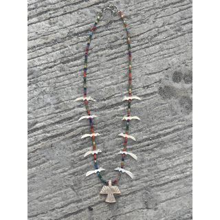 Zuni Fetisch Halskette kurz Bunt Multicolor Moewen Variante mit Donnervogel
